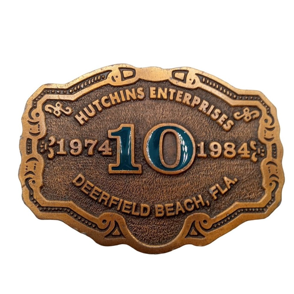 Deerfield Beach FL Belt Buckle Vtg 1984 Advertising Hutchins Enterprises Florida